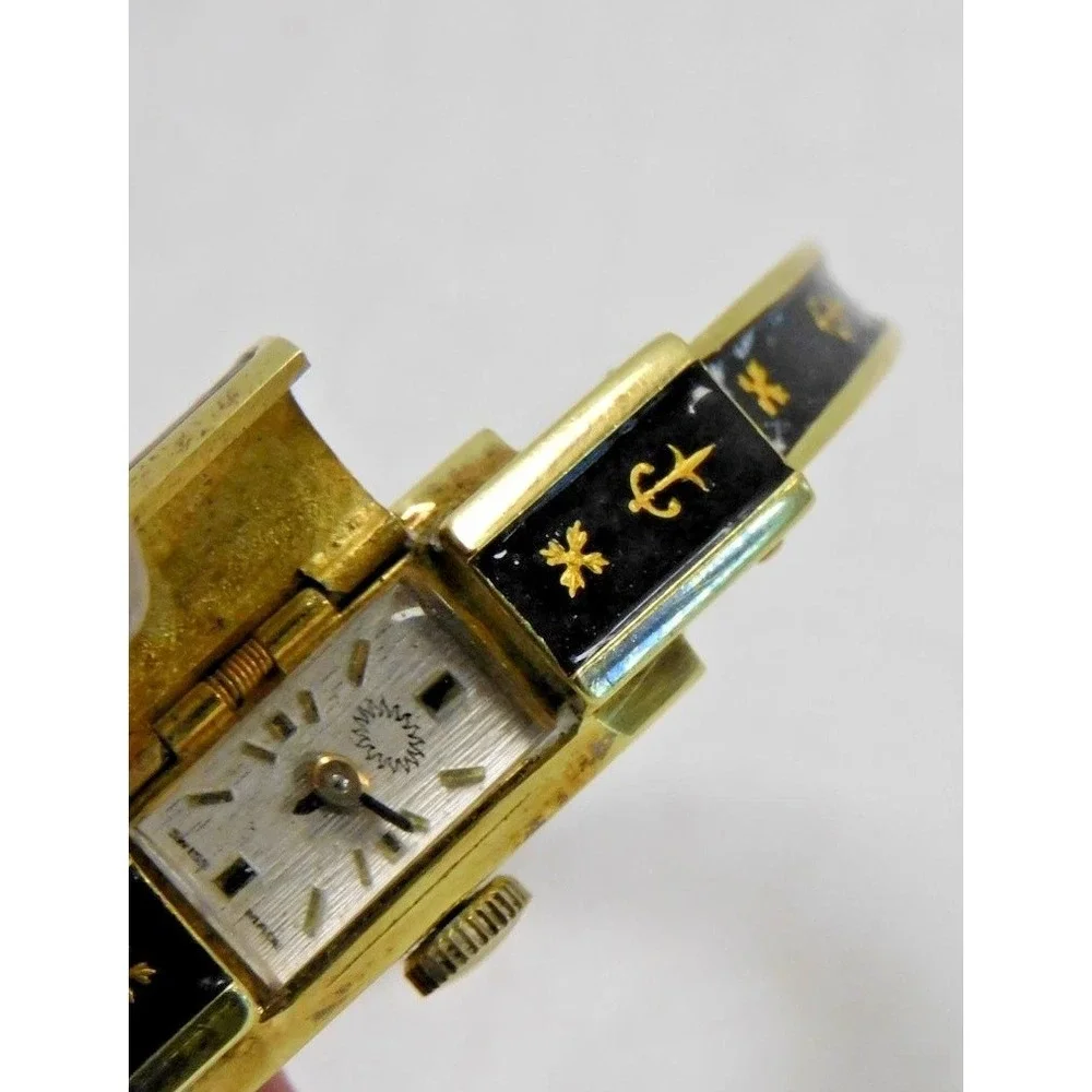 Vtg Swiss Hidden Face Watch Bangle Bracelet Black Enamel Gold Tone JC245